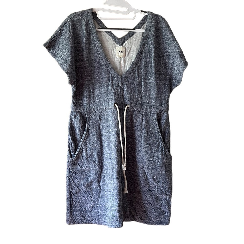 WHIT T-Shirt Dress Womens Size P Gray Heathered V-Neck Drawstring Waist Pocket